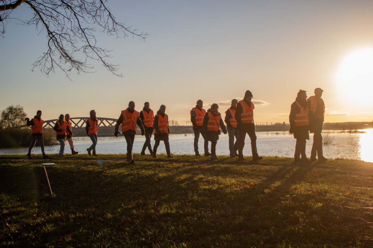 Een groep mensen in oranje hesjes loopt over de dijk.